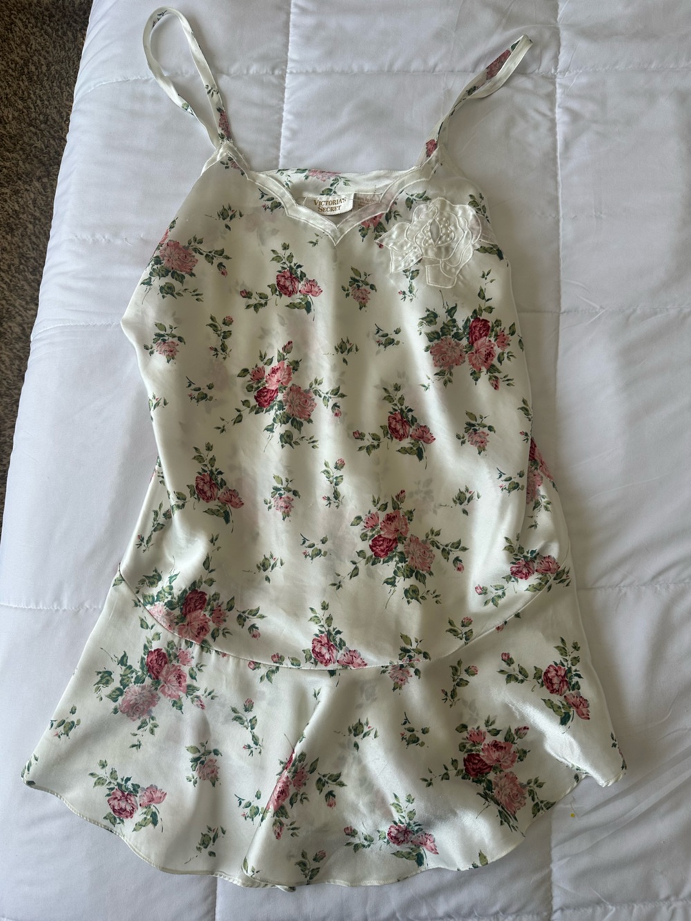 Vintage Satin Rose Floral Chemise Nightgown Ruffle Bottom Size M